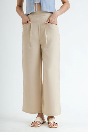 Elastic Waist Pleated Straight Cut Trousers (Khaki)