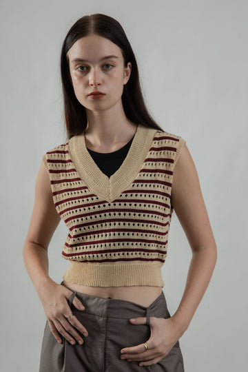 Eco V Neck Sleeveless Knit Vest (Stripes)