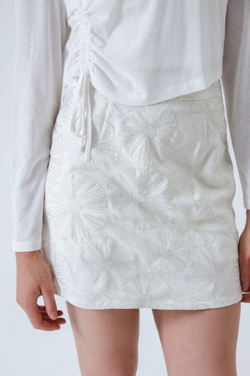 Floral Embroidered A-Line Skirt (Beige)