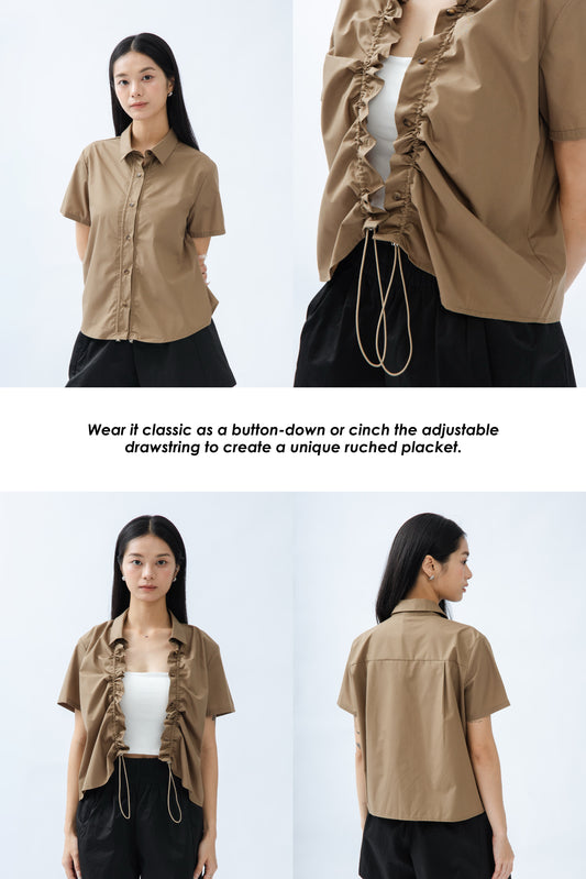 Drawstring Front Placket Top (Khaki)