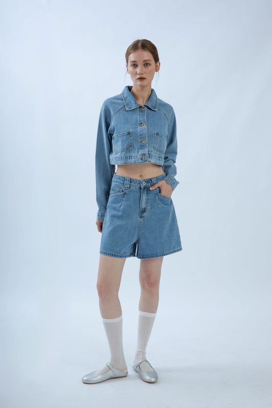 Mid-Length Side Pockets Denim Shorts (Denim)