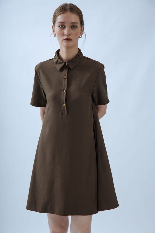 Collar Pleated Flare Dress (Dark Brown)