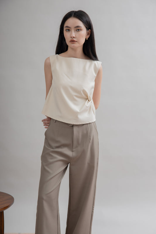 Sleeveless Side Scrunched Top (Beige)