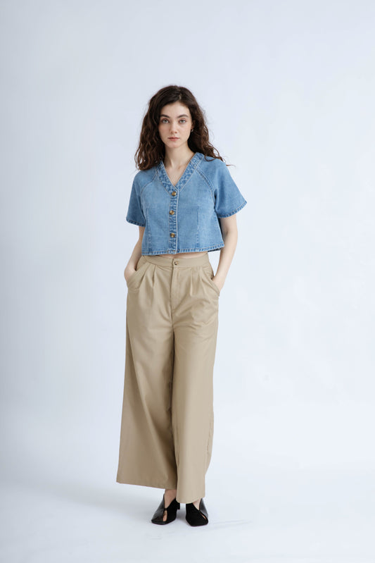 Front Pleated High Waist Pants (Khaki)