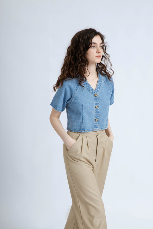 Raglan V Neck Short Sleeve Top (Denim)