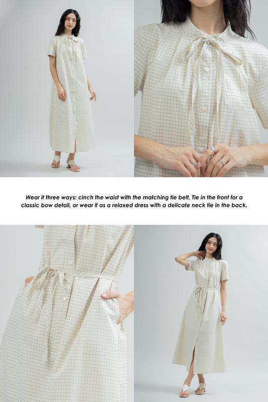 Poppy Plaid Short Sleeve Dress (Beige Checked)
