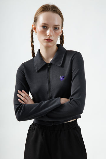 Ghost-LU Embroidery Ribbed Zipper Long Sleeve Top (Dark Grey)