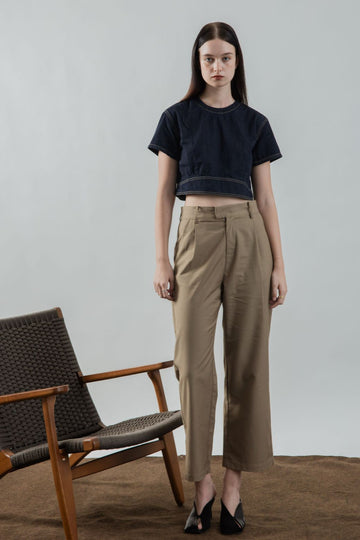 Round Neck Contrast Stitch Denim Top (Denim)