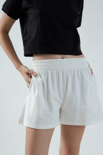 Elastic Waist Cotton Wide Leg Shorts (White)