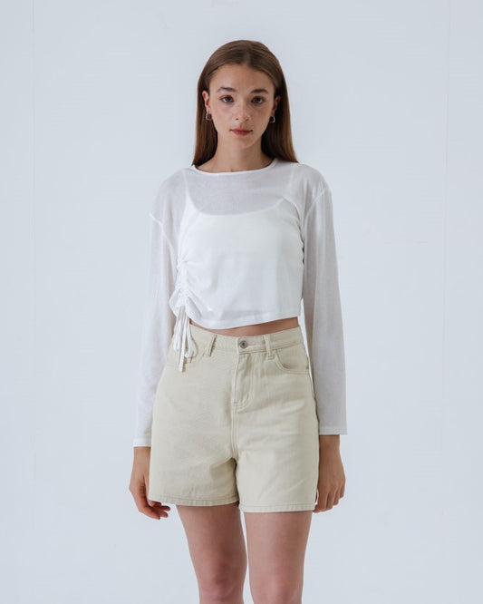 Judie Mid Length Denim Shorts (Beige)