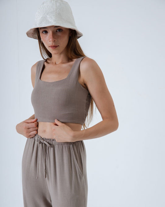 Sue Linen Padded Crop Top (Khaki Grey)