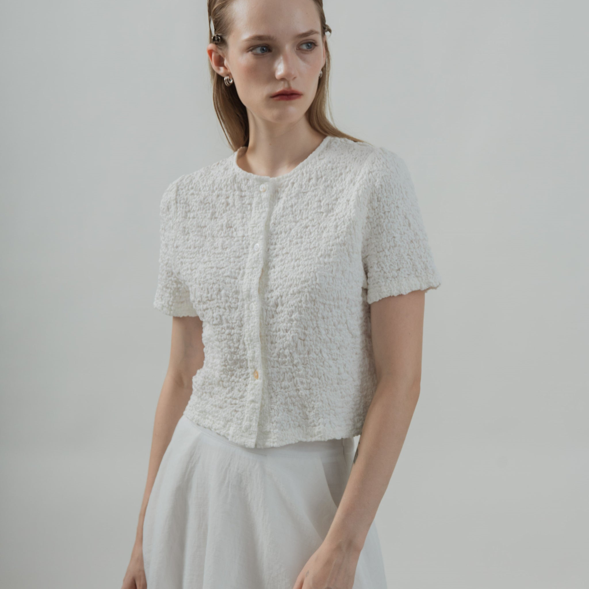 Two Way Wrinkle Short Sleeve Top (White)