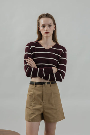 Striped Collar Long Sleeve Top (Maroon Stripes)