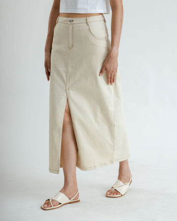 Margette Slit Denim Midi Skirt (Beige)