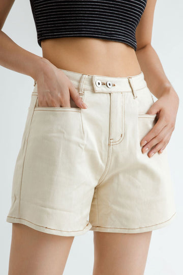 Dual Button High Waist Denim Shorts (Beige)