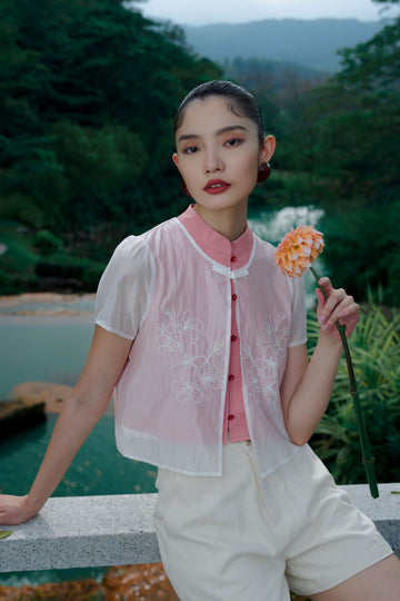 Sheer Blossom Embroidery Puffy Sleeve Top (Pink)