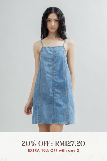 Panel Seam Denim Strap Dress (Washed Denim)