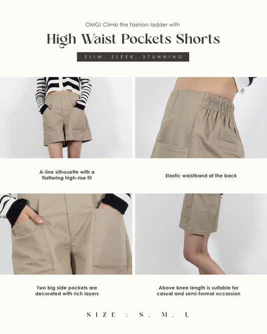 High Waist Side Pockets Shorts (Khaki)