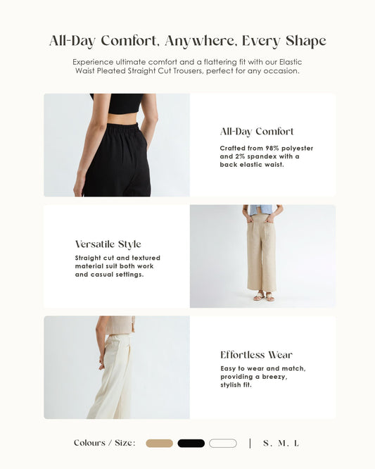 Elastic Waist Pleated Straight Cut Trousers (Black)