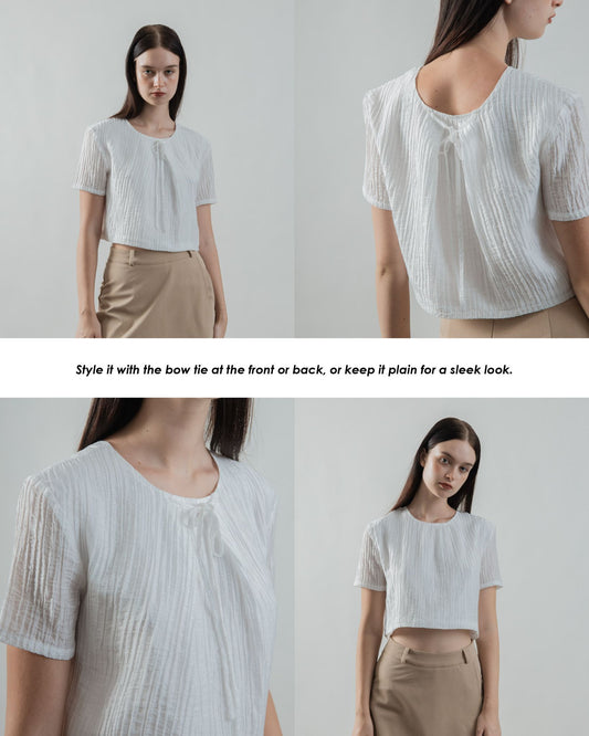 Two Way Bow Tie Short Sleeve Blouse (White)