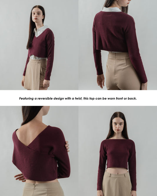 Two Way Twisted Long Sleeve Knit Top (Maroon)