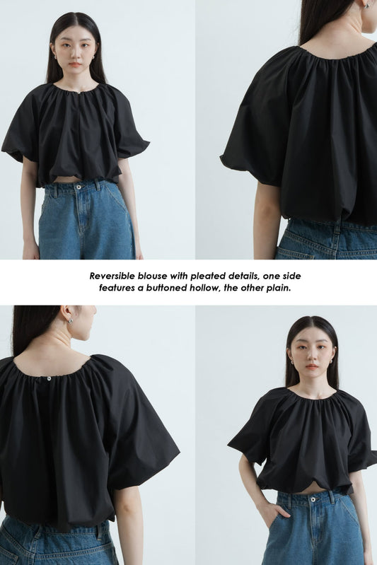 Two Way Pleated Balloon Sleeve Blouse (Black)