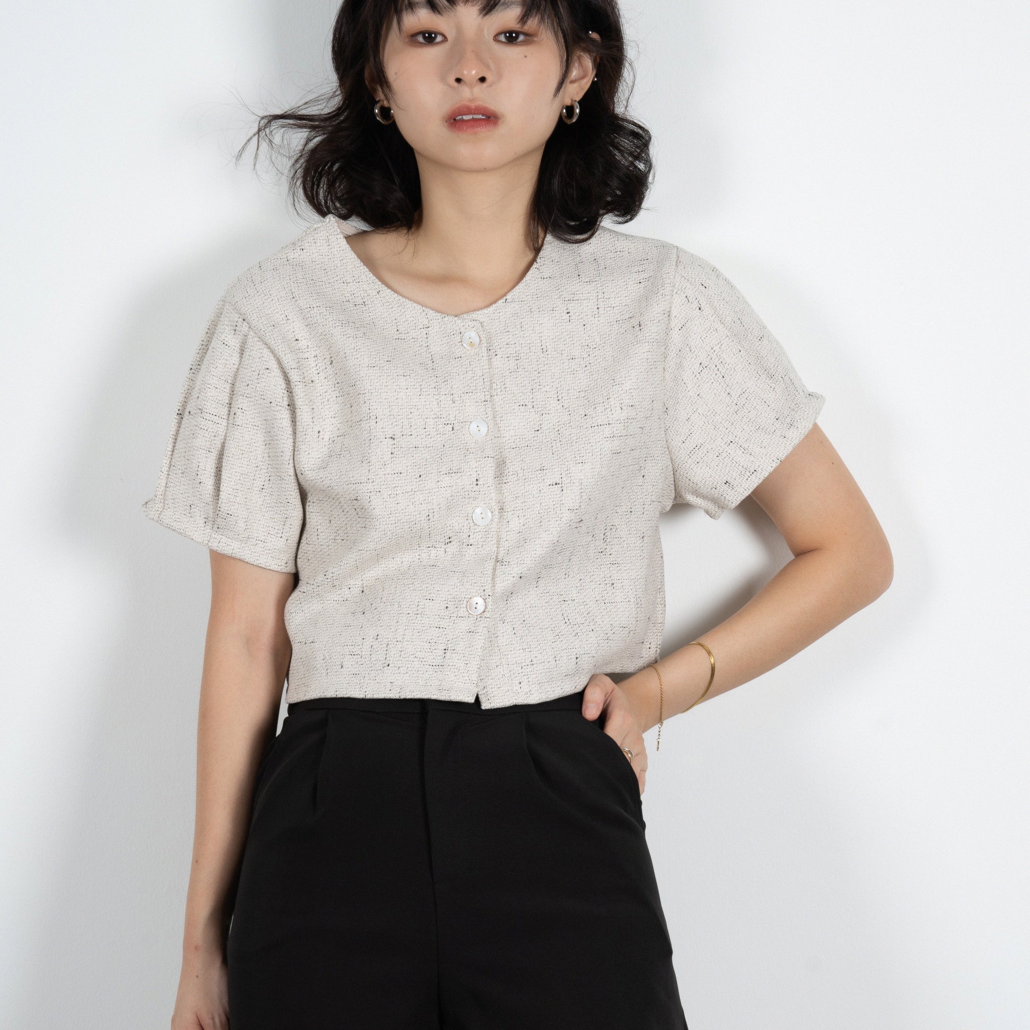 Button Down Tweed Two-Way Blouse (Grey Mix)