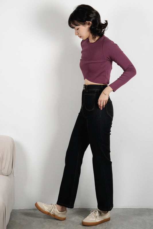 Slanted Overlap Long Sleeve Top (Dark Purple)