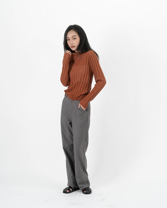 Turtleneck Sheer Ribbed Knit Top (Rust)