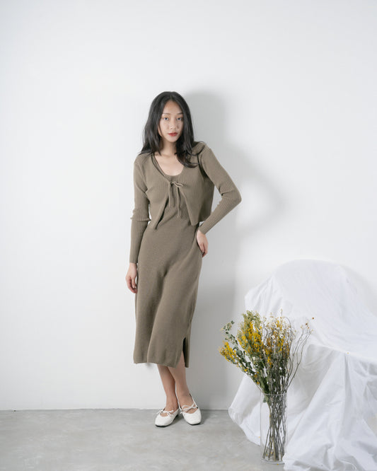 Eco Ribbed Knit Cardigan (Khaki Grey)