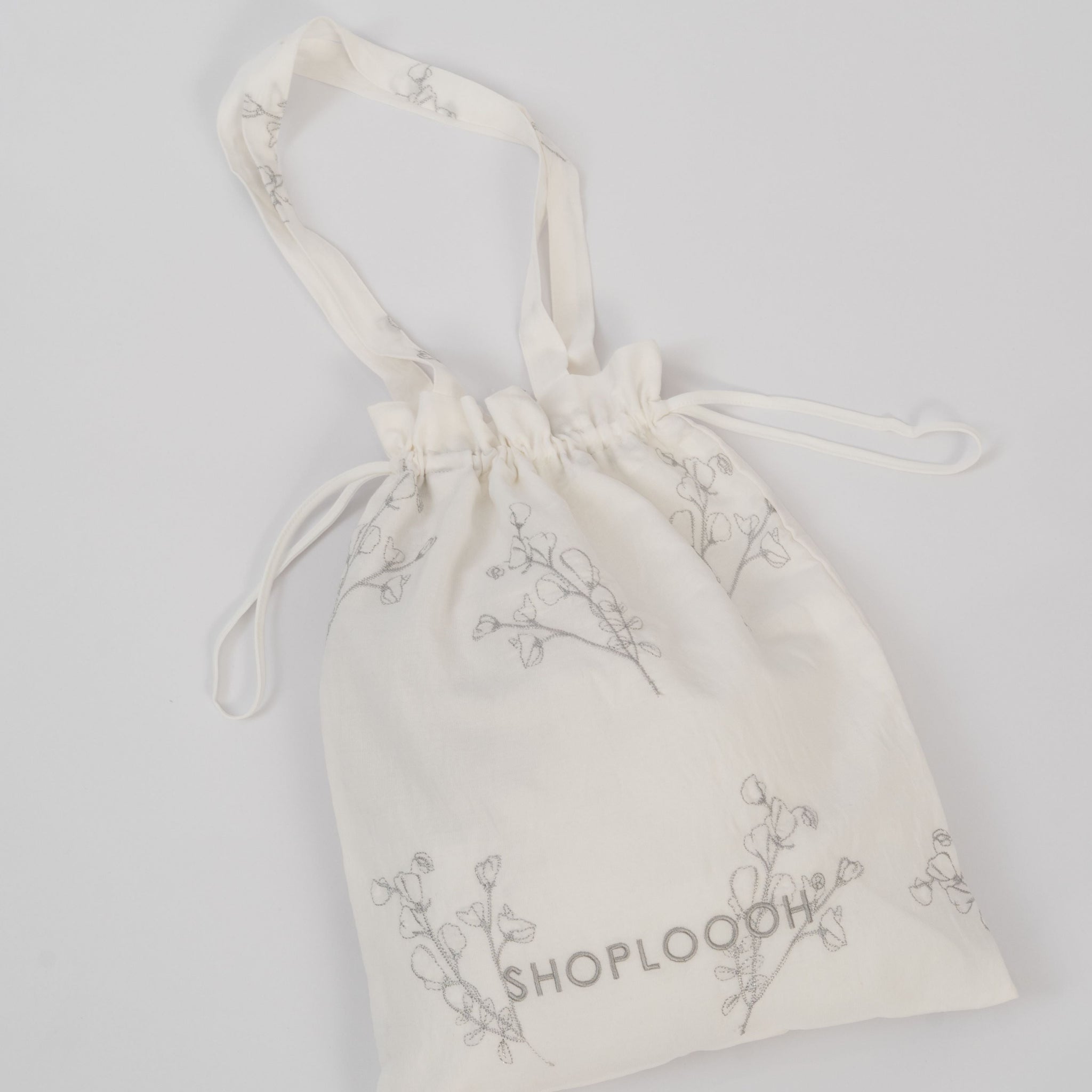 SHOPLOOOH Magnolia Embroidery Drawstring Tote Bag (White)