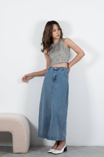 Mavis Slit Denim Pencil Skirt (Denim)