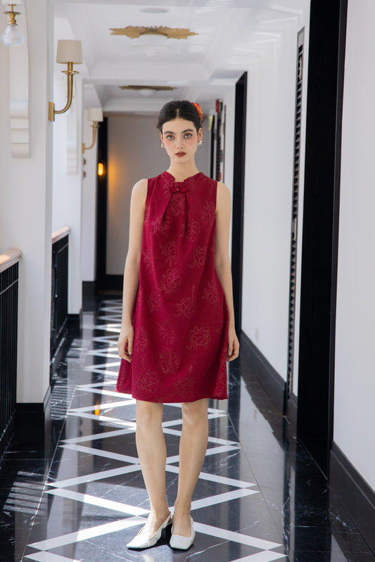 Floral Rouge Pleated Neckline Cheongsam Dress (Red)