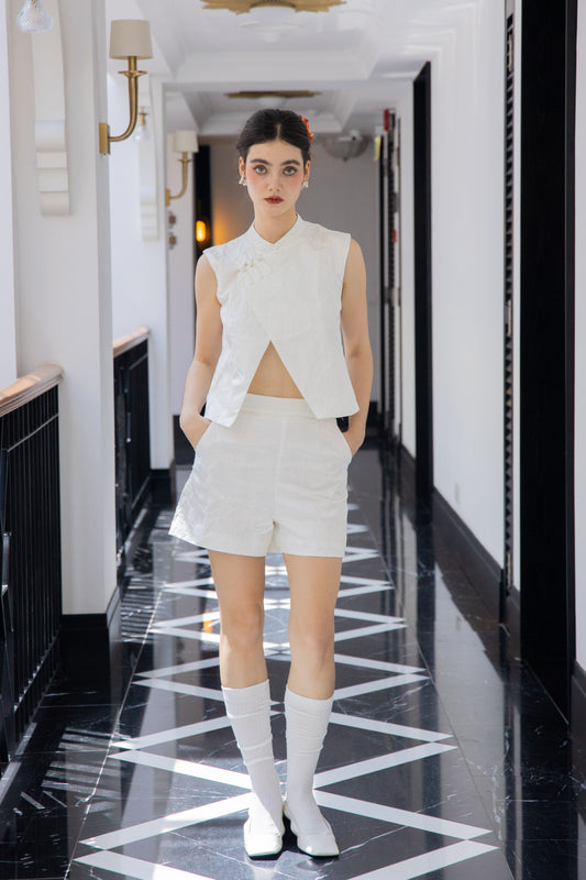 Moonlit Bloom Embroidery Overlap Sleeveless Top (White)