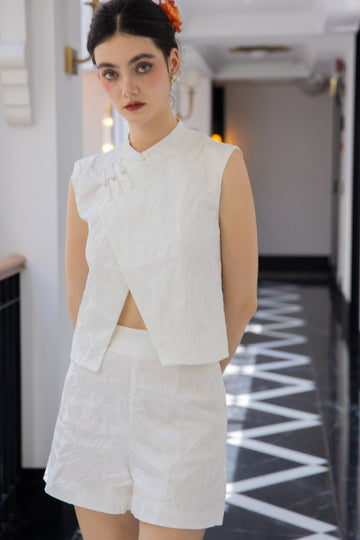 Moonlit Bloom Embroidery Overlap Sleeveless Top (White)