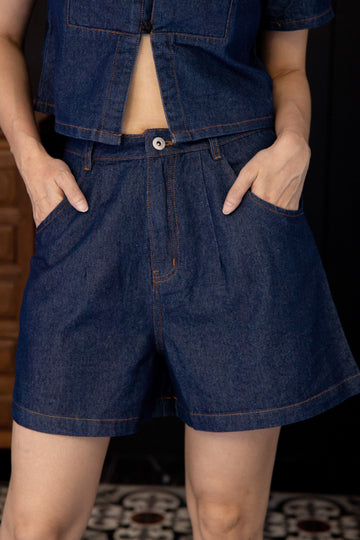 High Waist A Line Denim Shorts (Denim)