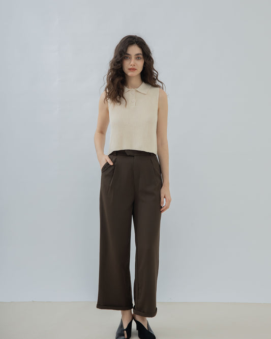 Bella Sleeveless Polo Knit Top (Beige)