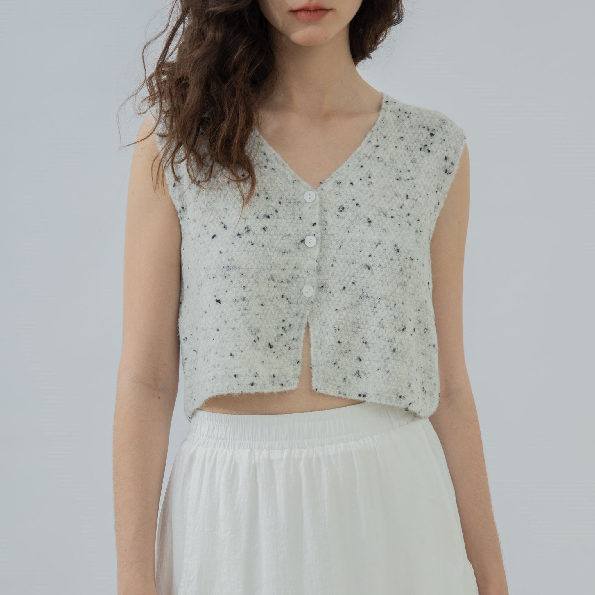 V Neck Button Down Crop Knit Top (White Mix)