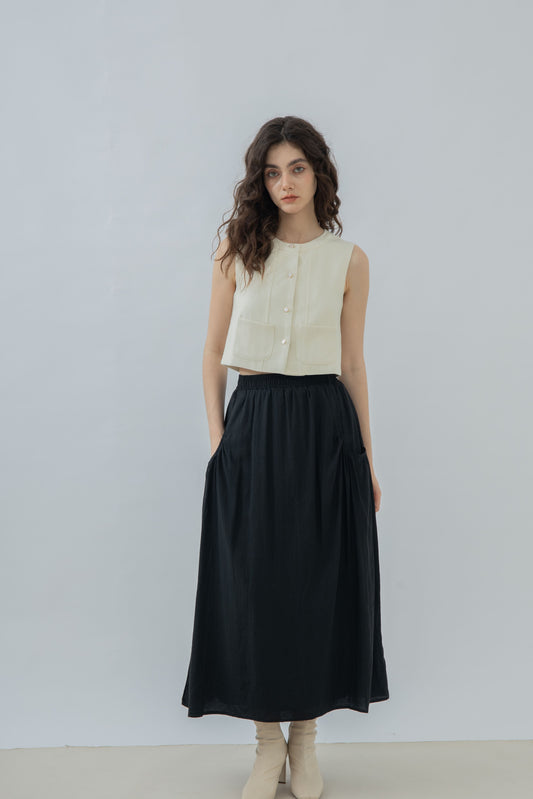 Pocket Detail Elastic Flare Skirt (Black)