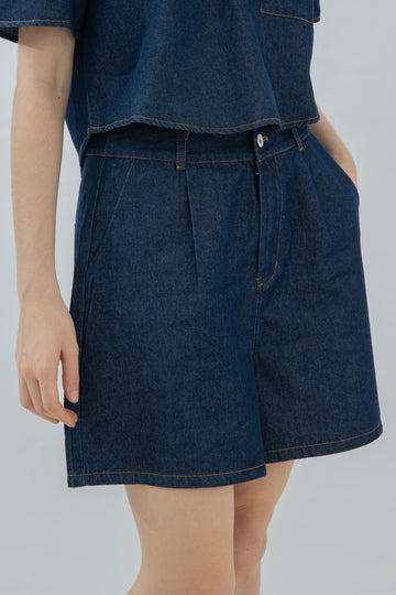 Kayla High Waist Denim A Line Shorts (Denim)