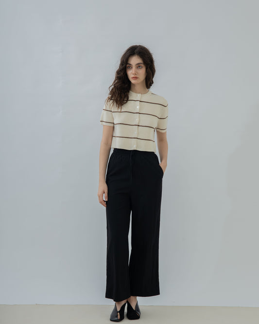 Short Sleeve Stripes Knit Top (Beige Stripes)