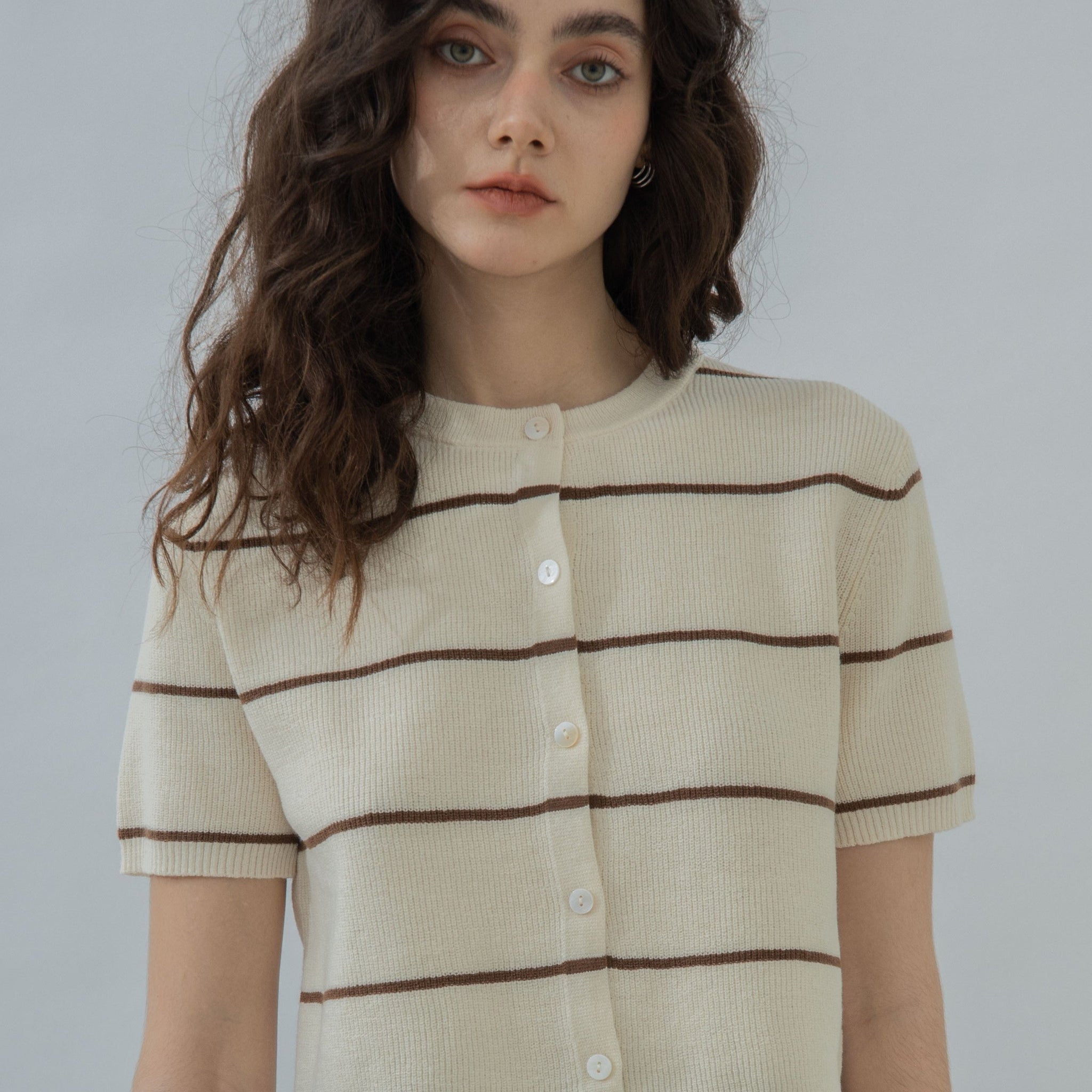 Short Sleeve Stripes Knit Top (Beige Stripes)