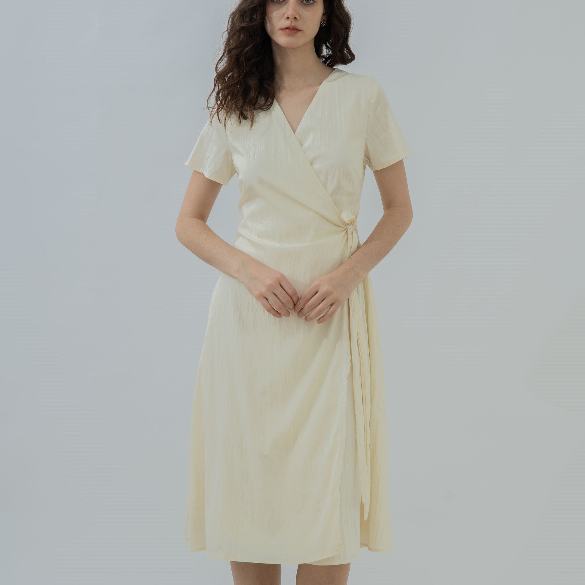 V Neck Waist Tie Overlap Dress (Beige)