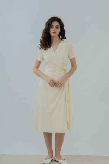 V Neck Waist Tie Overlap Dress (Beige)