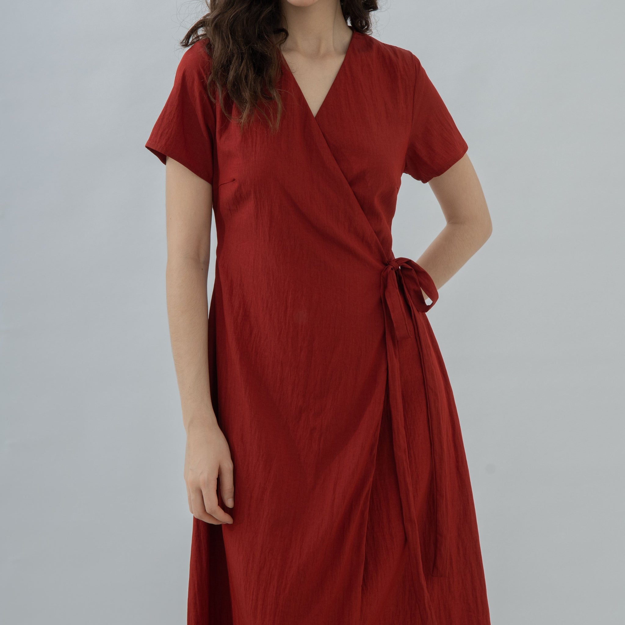 V Neck Waist Tie Overlap Dress (Red)