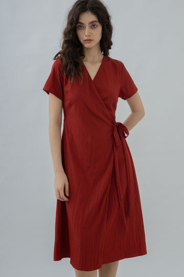 V Neck Waist Tie Overlap Dress (Red)