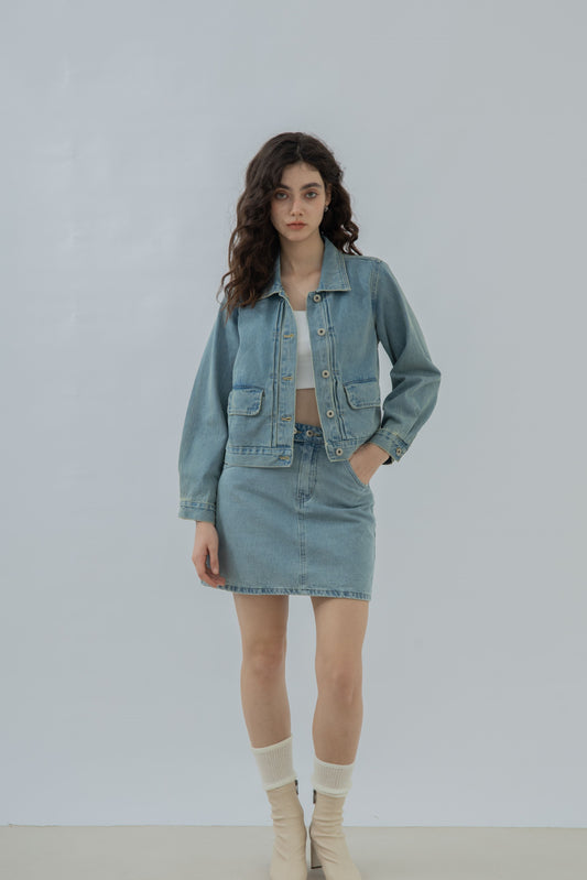 Dylan Front Pleat Denim Jacket (Denim)