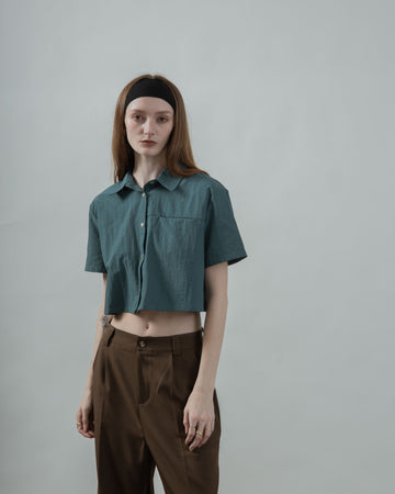 Box Cut Crinkle Cropped Shirt (Teal Green)