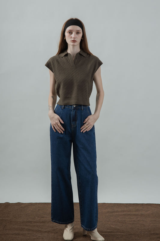 V Placket Collared Knit Top (Dark Khaki)