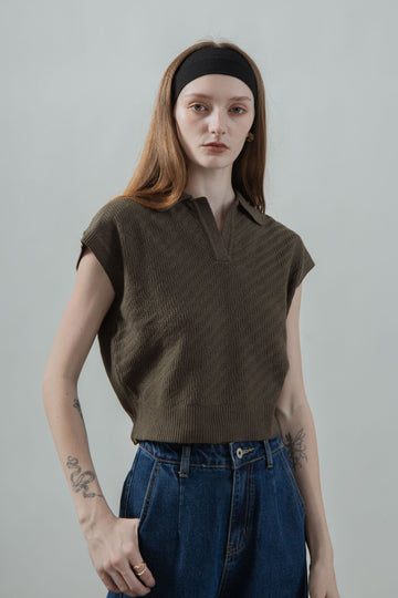 V Placket Collared Knit Top (Dark Khaki)